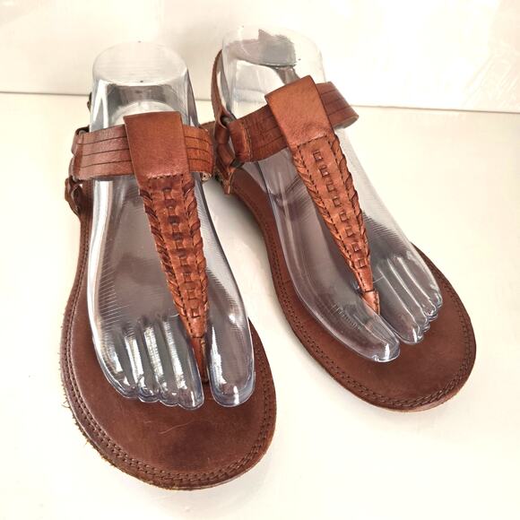 Frye Alessia Artisanal T Strap Sandal 8.5M Cognac Leather Boho Summer Festival - Picture 1 of 15